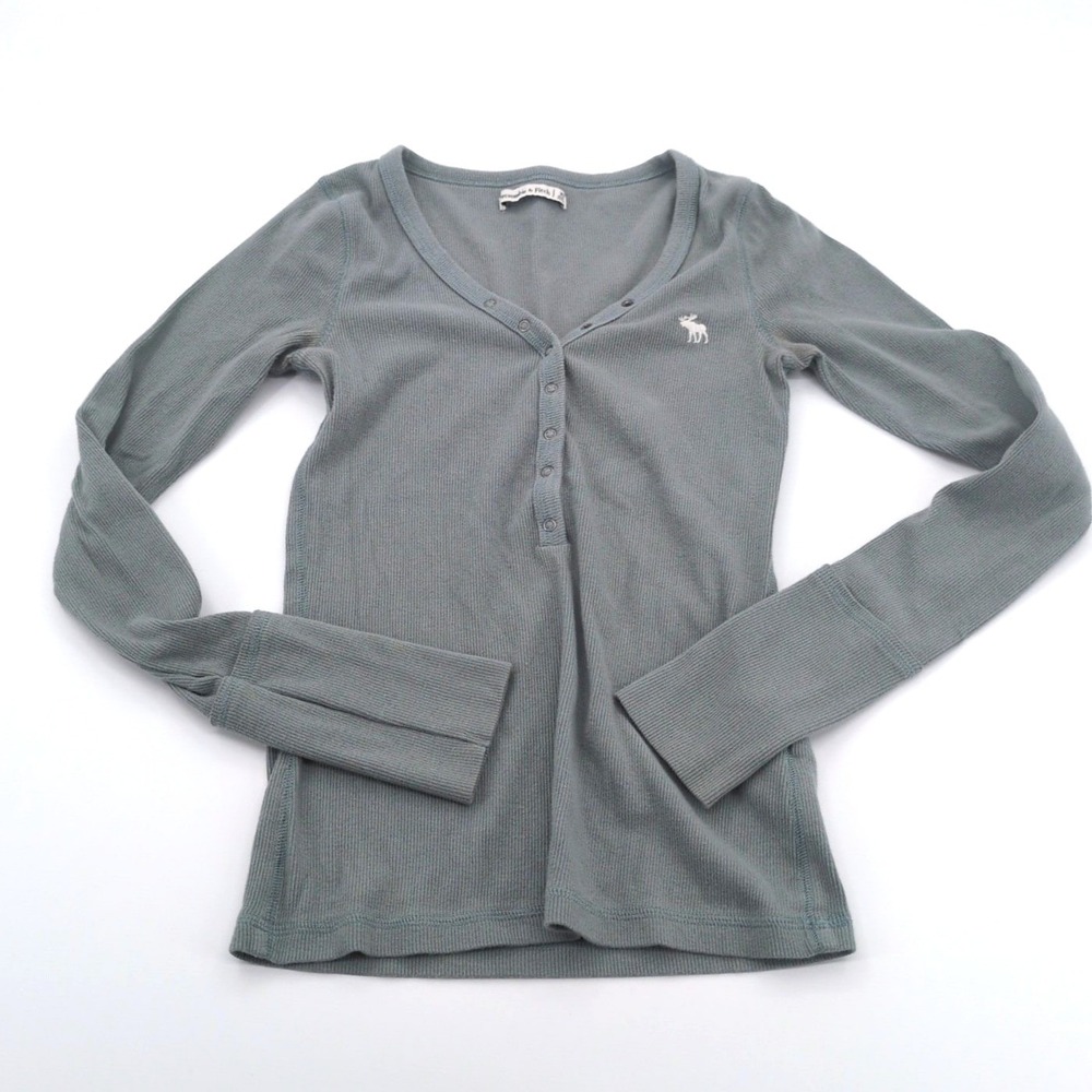 Vintage Y2K Abercrombie & Fitch Ribbed Henley Top Long Sleeve Gray Moose Logo XS